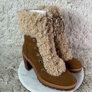 JLO Brown Shearling-Lined Lace-Up Boots With Block Heels